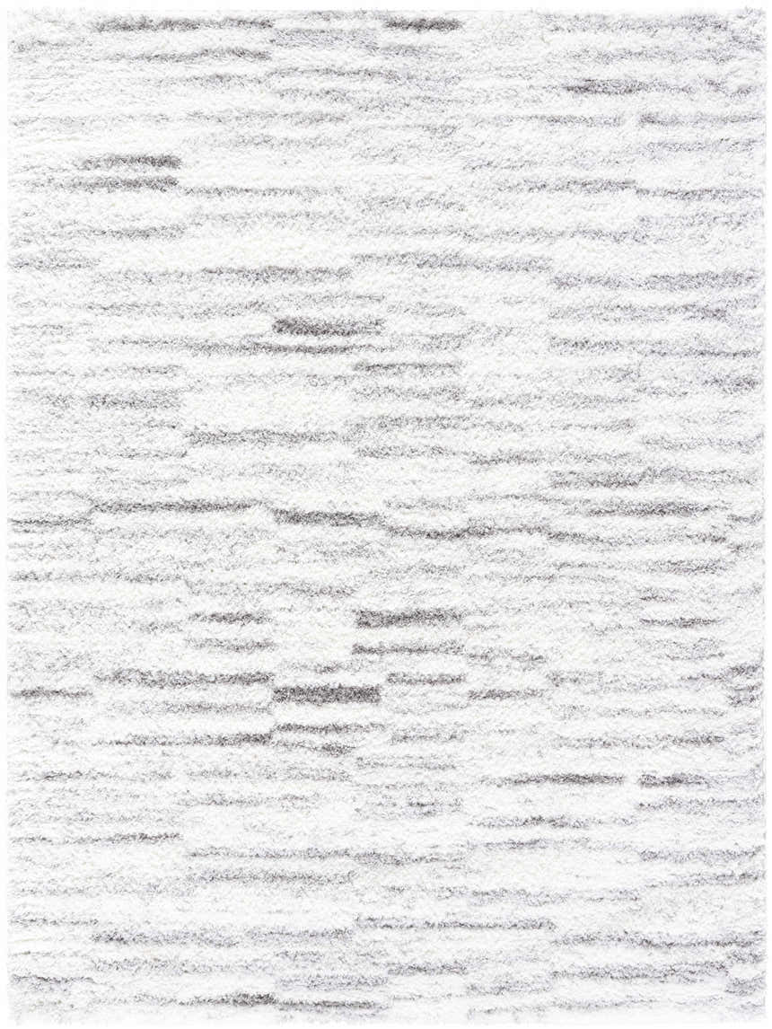 Close-up of the Benjen Gray Area Rug. Shag rug with a contemporary gray and ivory horizontal stripe pattern. Design-Rectangle-537