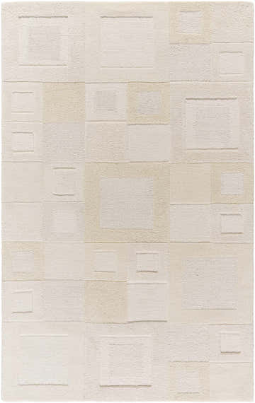 Close-up of the Botham Area Rug. Hand-tufted wool rug in beige, cream, ivory, and tan with a contemporary geometric pattern. Design-Rectangle-576