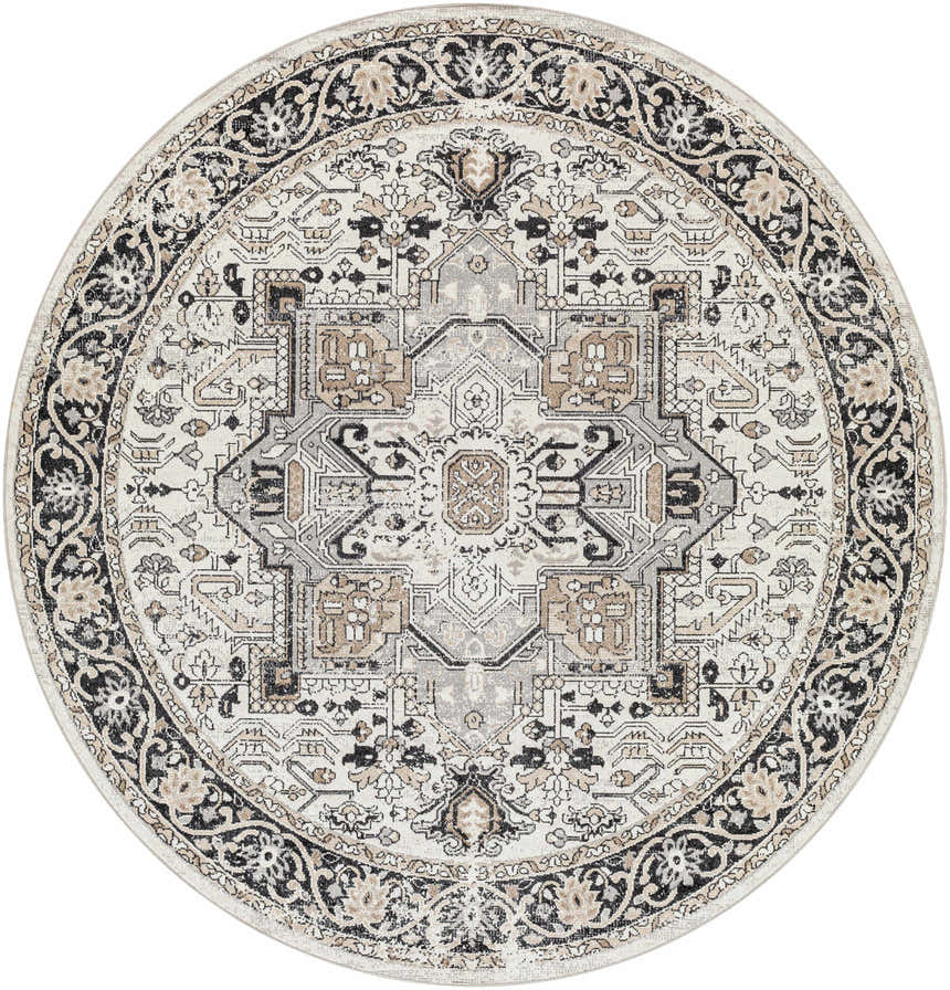 Close-up of the round Cabacungan Washable Area Rug. Features a black, gray, and beige vintage-style pattern. Design-Round-67