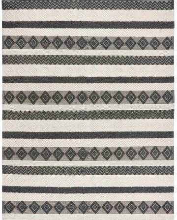 Close-up of the Whittington Black&White Wool Rug. Features a striped pattern with geometric diamond and zig-zag designs. Design-Rectangle