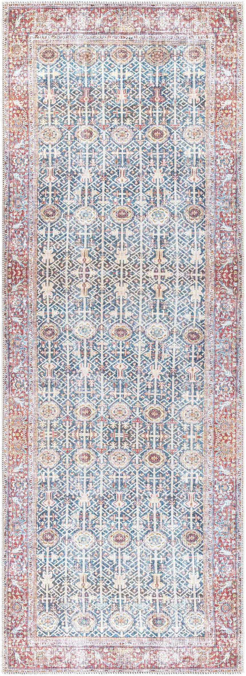 Detailed view of the Rust Catadupa Distressed Washable Area Rug, featuring a traditional Persian-inspired design in gray, blue, and nutmeg. Design-Runner-2773