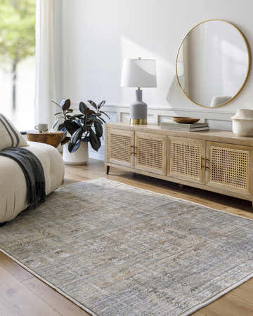Living room scene with a gray Aglaja Washable Area Rug, light wood floors, and a rattan cabinet. Neutral, farmhouse style. Roomscene-Rectangle