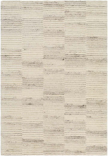 Close-up of the hand-tufted Andred Beige Area Rug. Features a subtle striped block pattern in beige, ivory, light gray, and taupe wool. Design-Rectangle-576