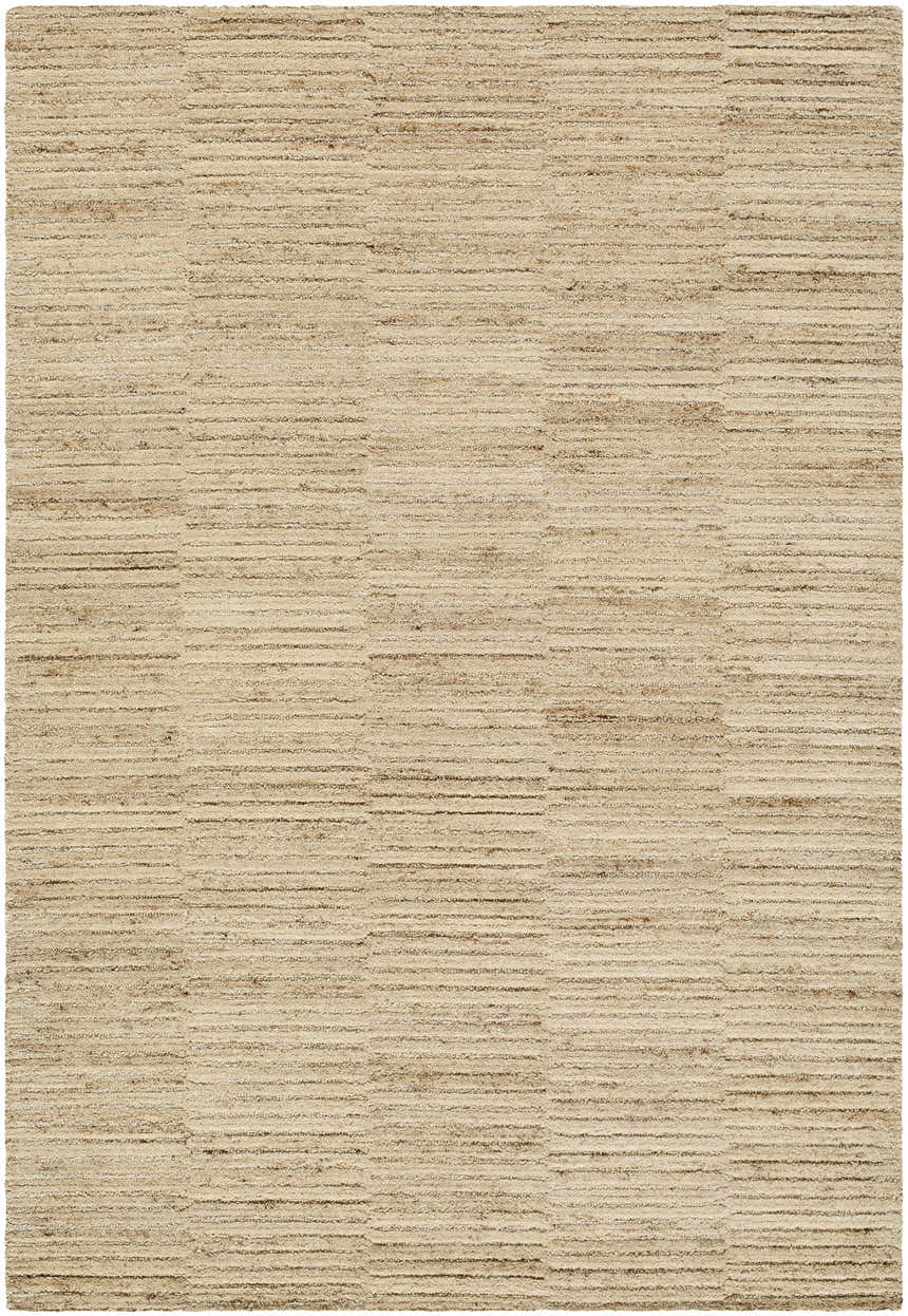 Close-up of the Andred Tan Area Rug. Hand-tufted wool rug in beige, tan, and taupe with a subtle striped pattern. Design-Rectangle-576