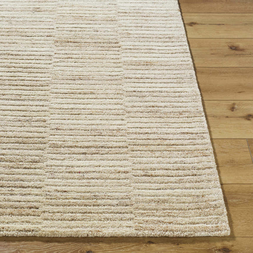 Close-up of the hand-tufted Andred Tan Area Rug. Beige and tan wool rug with a subtle horizontal striped pattern and soft texture. Front