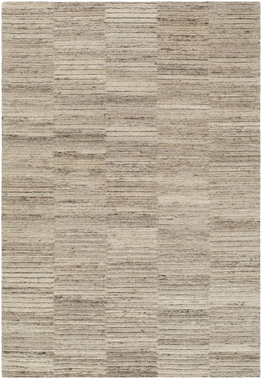 Close-up of the Andred Taupe Area Rug. Hand-tufted wool rug with a subtle beige, cream, and taupe striped pattern. Design-Rectangle-576