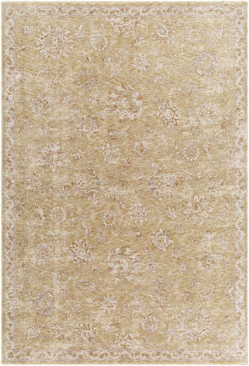 Close-up of the Chyron Olive Area Rug. Farmhouse style rug with cream, light brown, and olive floral pattern. Design-Rectangle-6796