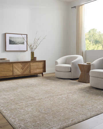 Living room scene with cream chairs and a tan Chyron Olive Area Rug. Roomscene-Rectangle