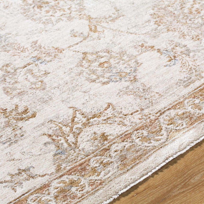 Close-up of the Chyron Cream Area Rug showing its traditional light brown and cream floral pattern and soft texture. Texture