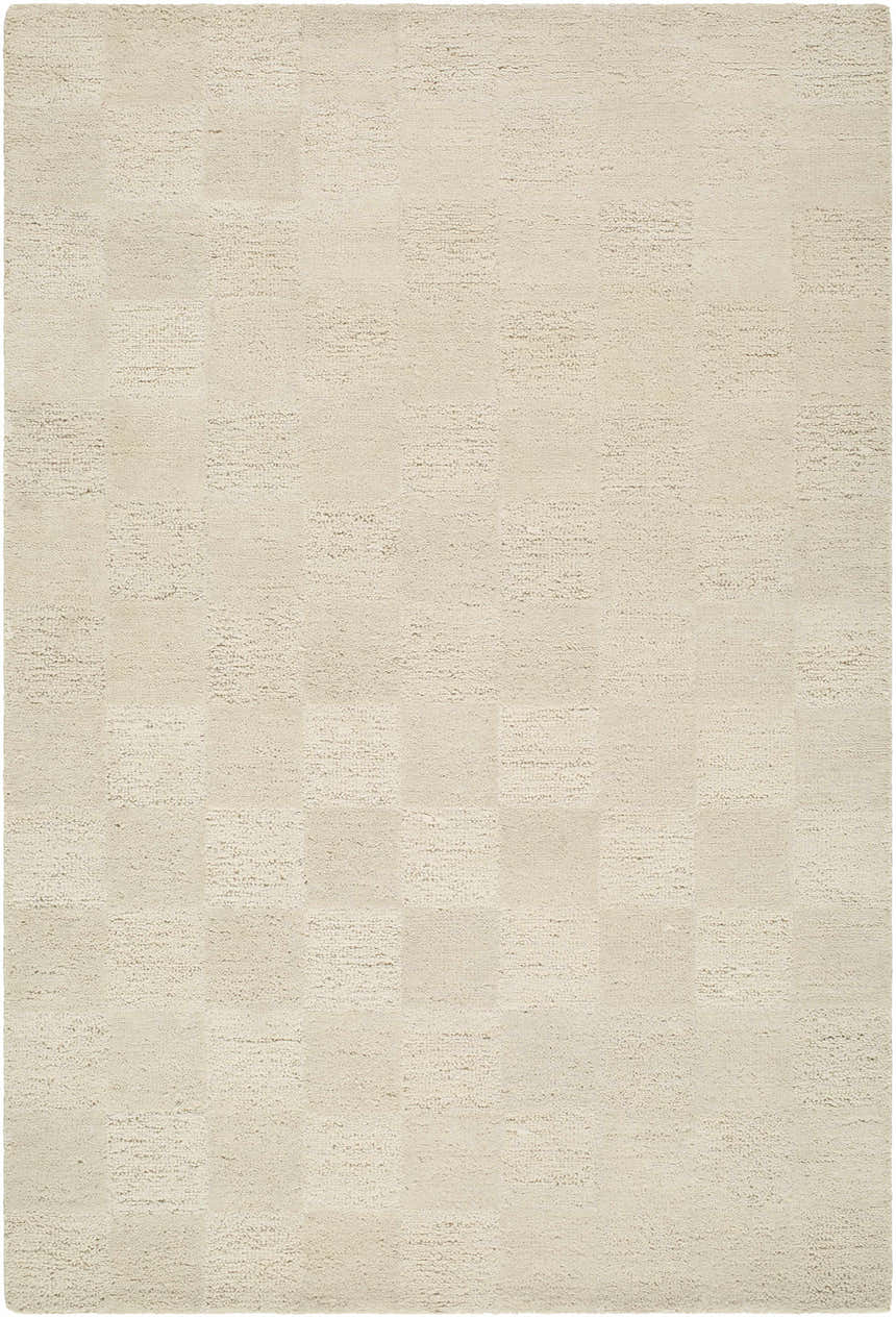 Close-up of hand-tufted Chasya Ivory Area Rug. 100% wool rug with a subtle checkerboard pattern and plush texture. Design-Rectangle-576