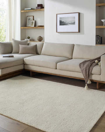 Living room with neutral tones and Chasya Ivory area rug, a farmhouse style wool rug. Roomscene-Rectangle