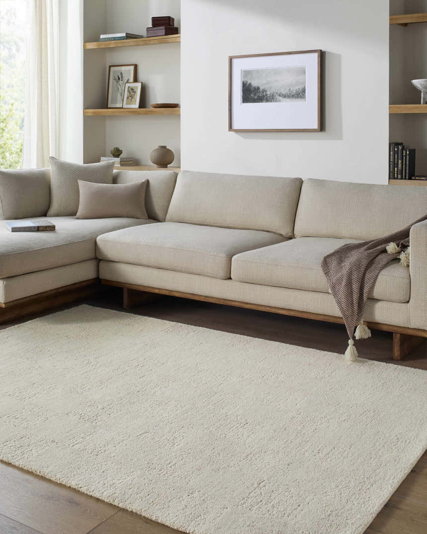 Living room with neutral tones and Chasya Ivory area rug, a farmhouse style wool rug. Roomscene-Rectangle