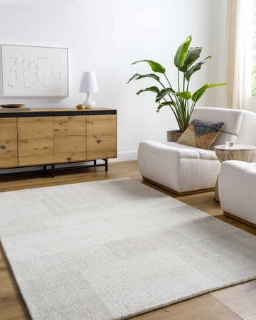 Living room with beige Camila Area Rug, wood console, and cream armchairs creating a neutral, modern space. Roomscene-Rectangle