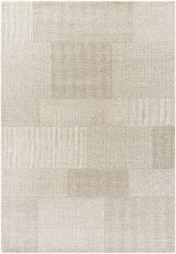 Close-up of the hand-tufted Camila Beige Area Rug. Neutral tones and subtle rectangular pattern. 100% Wool. Design-Rectangle-576
