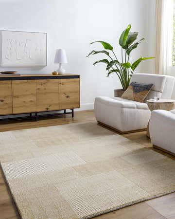 Living room scene with a Camila Cream Area Rug, modern wood cabinet, and two cream armchairs. Roomscene-Rectangle