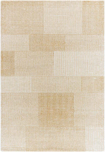 Close-up of the Camila Cream Area Rug featuring a geometric block pattern in beige, cream, and sandstone. Design-Rectangle-576