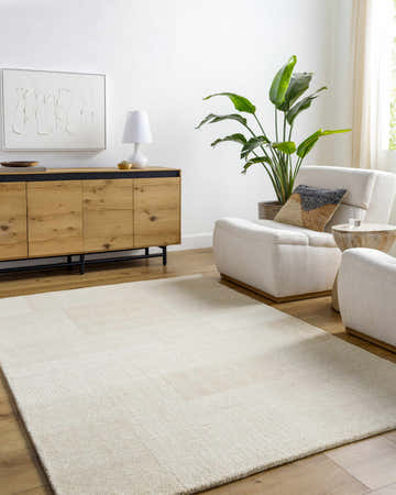Living room scene with a Camila Ivory Area Rug, wood cabinet, armchairs, and plant. Roomscene-Rectangle