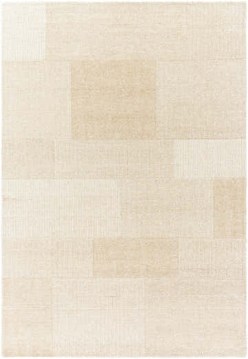 Close-up of the Camila Ivory Area Rug. Beige, ivory, and sandstone hues create a subtle geometric pattern. Hand-tufted wool texture. Design-Rectangle-576