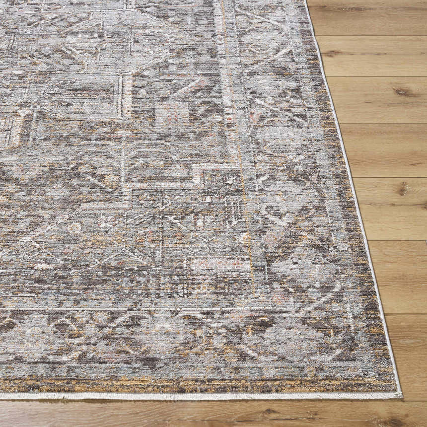 Close-up of the Clovia Area Rug showing its traditional pattern and colors: black, gray, ivory, medium brown, and taupe. Front