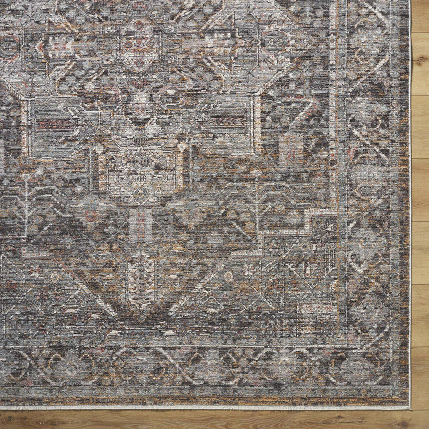 Close-up of the Clovia Area Rug showcasing its traditional pattern in black, gray, ivory, and brown tones. Swatch