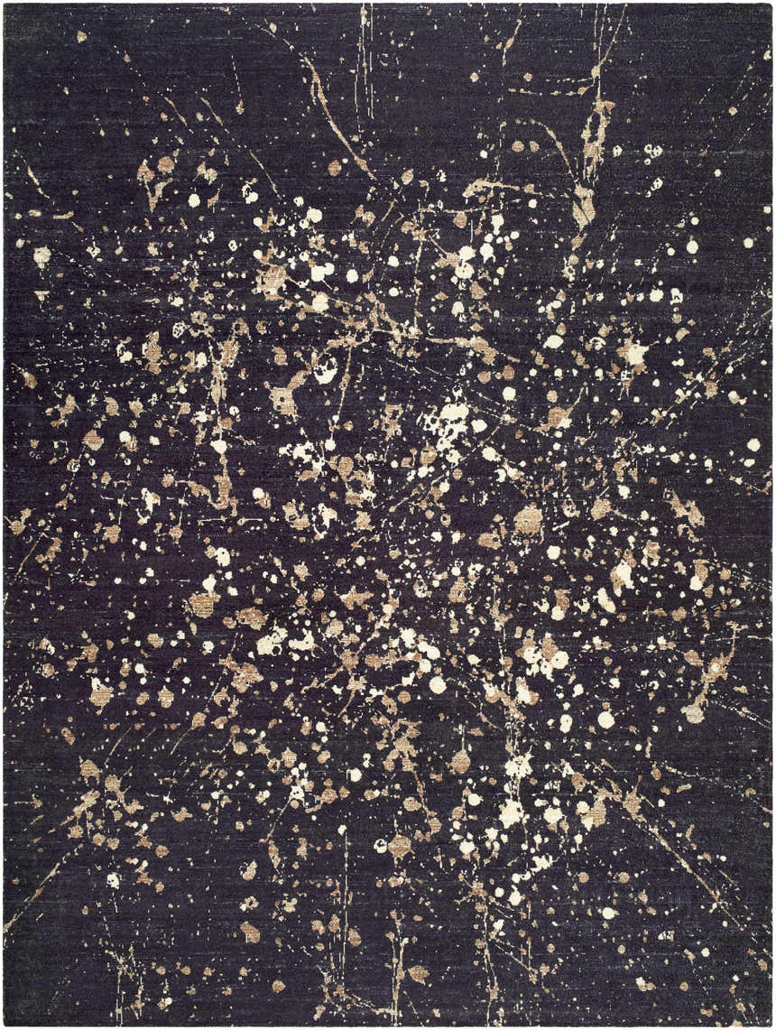Close-up of the Janek I Modern Abstract Area Rug featuring a black background with white and tan splatter paint design. Design-Rectangle-810
