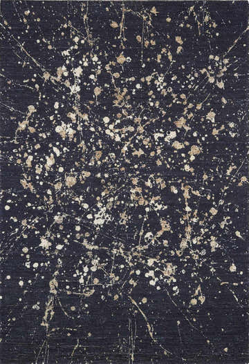 Close-up of the Janek I Modern Abstract Area Rug. Navy blue rug with splatters of white and beige paint. Hand-tufted polyester. Design-Rectangle