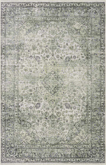 Close-up of the Green Holi-4604 Washable Area Rug. Cream rug with olive and gray traditional vintage floral pattern. Design-Rectangle-5373