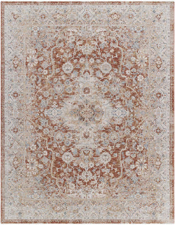 Close-up of the Chione Beige Area Rug. Traditional floral pattern in beige, cream, mustard, pale blue, and slate blue. Design-Rectangle-710102
