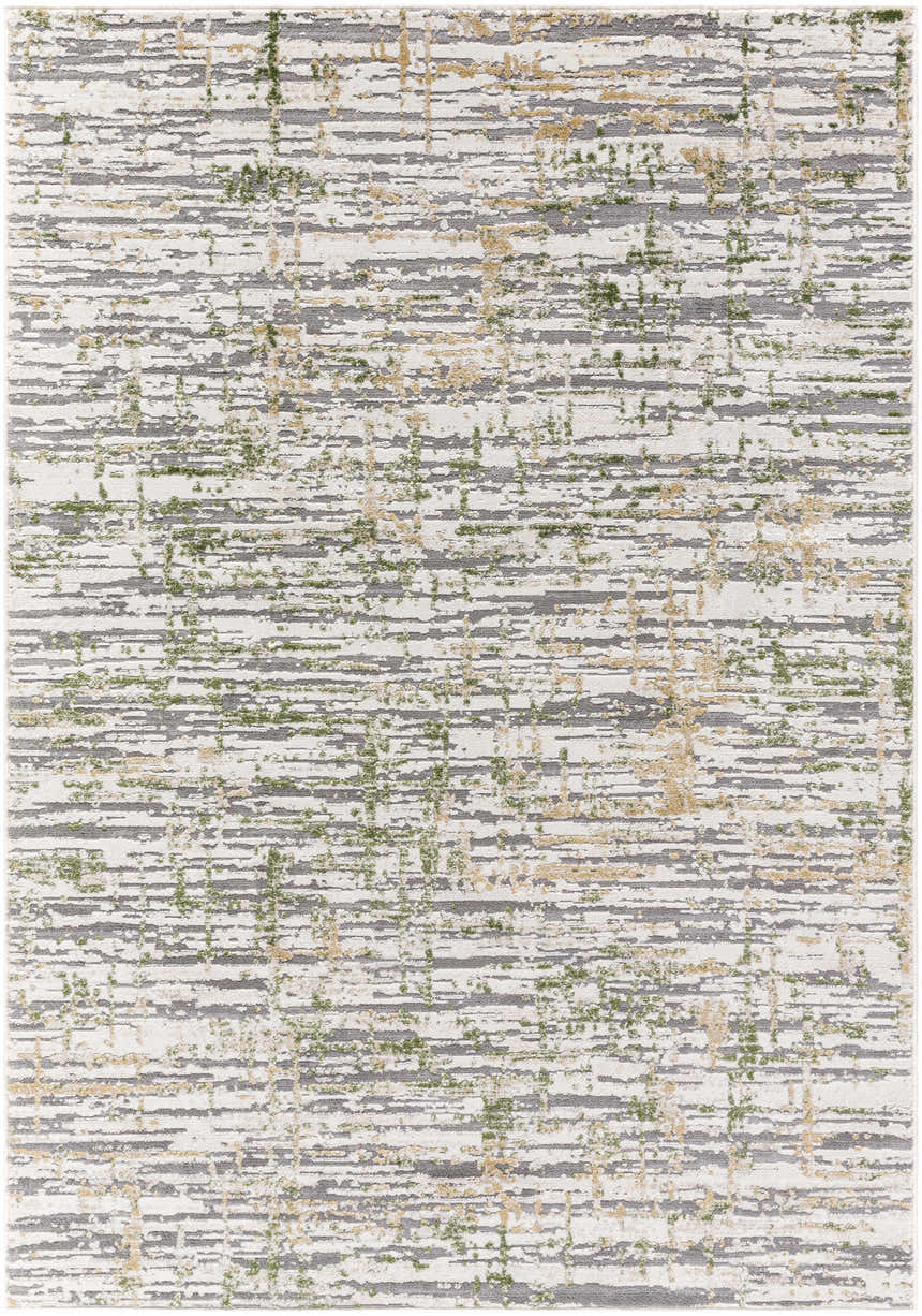 Close-up of the Amoura Area Rug, a contemporary rug with beige, charcoal, olive, and light gray abstract pattern. Design-Rectangle-527