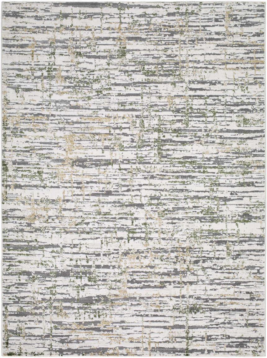 Close-up of the Amoura Area Rug, a contemporary rug with beige, charcoal, olive, and light gray horizontal line pattern. Design-Rectangle-537