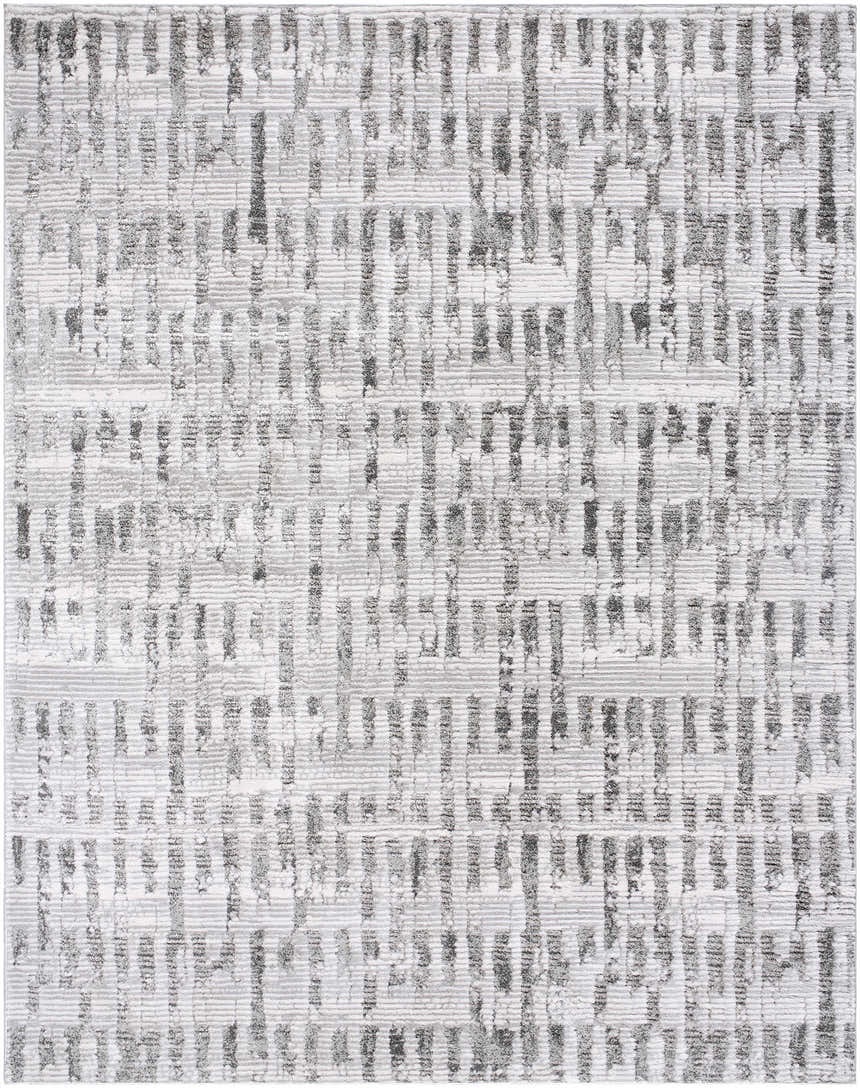 Close-up of the Chelle Gray Shag Area Rug. Gray, light gray, and steel gray textured pattern. Farmhouse style. Design-Rectangle-71010