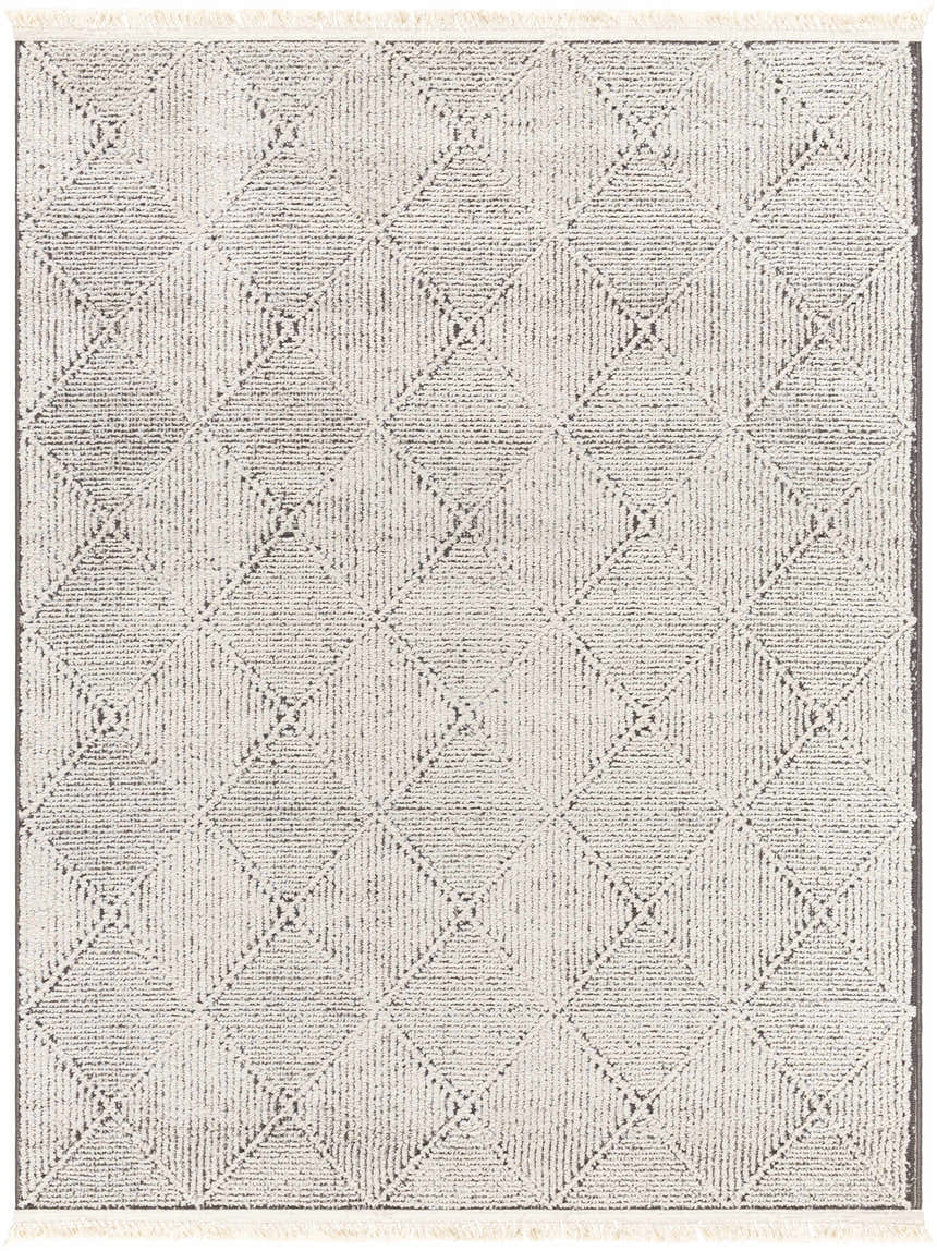 Close-up of Cannan Area Rug. Contemporary style rug in black and ivory with a geometric diamond pattern. Design-Rectangle-537