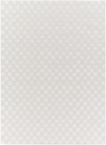 Close-up of the Carina Light 3D Checkered Washable Area Rug. Ivory and light gray squares create a subtle checkerboard pattern. Design-Rectangle-4117