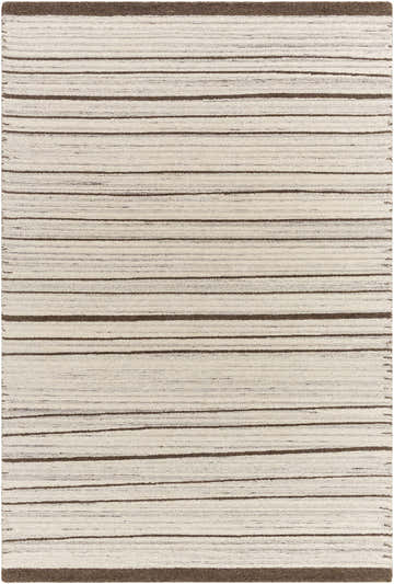 Close-up of the Cliona Area Rug. Hand-tufted wool rug with charcoal, taupe, and ivory horizontal stripes. Design-Rectangle-576