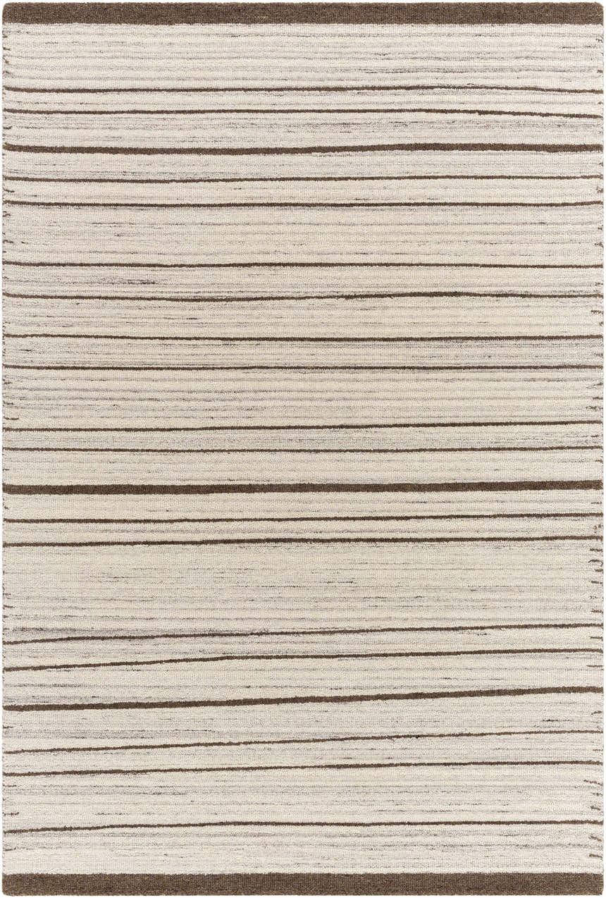 Close-up of the Cliona Area Rug. Hand-tufted wool rug with charcoal, taupe, and ivory horizontal stripes. Design-Rectangle-576