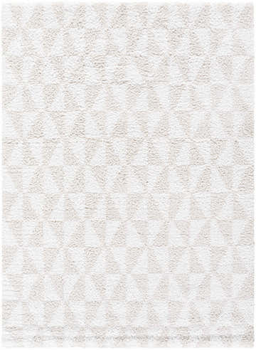 Close-up of the Ceylan Area Rug; a shag rug in medium gray and white with a subtle geometric pattern. Design-Rectangle-537