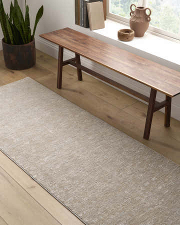Entryway with a light sage Angeni Area Rug, wood bench, and potted snake plant. Roomscene-Runner