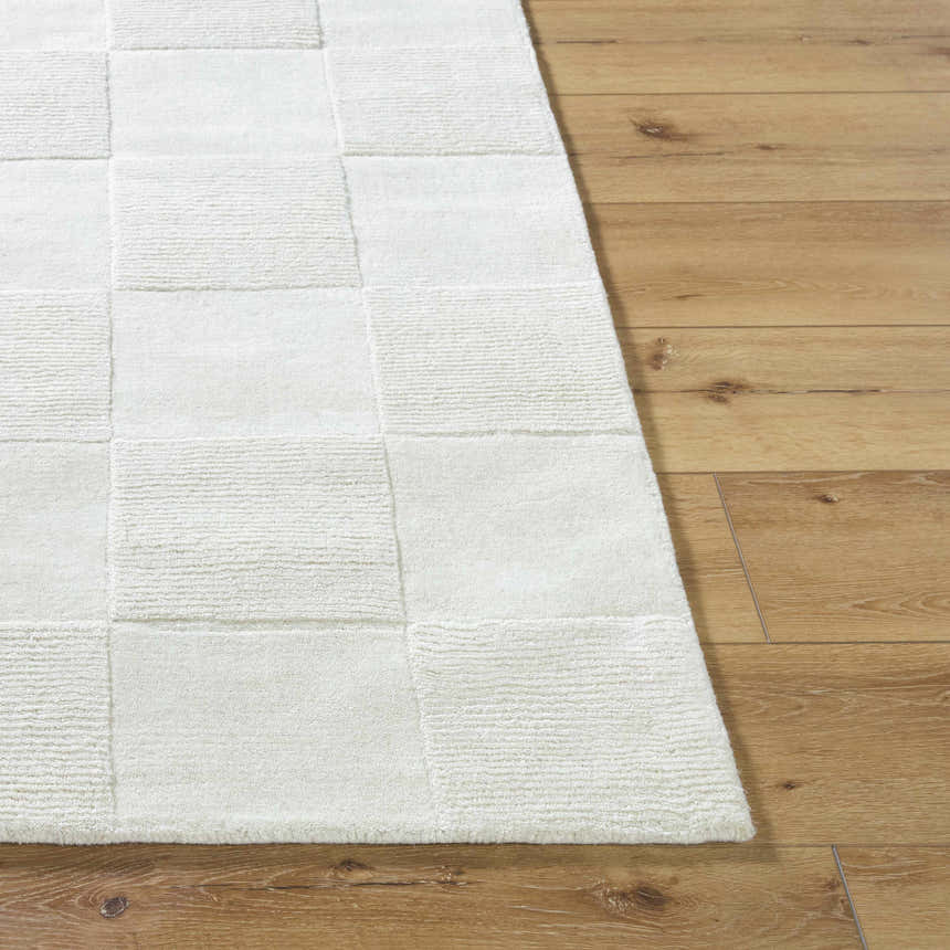 Close-up of the light silver Canice Area Rug showing a subtle square pattern and hand-loomed wool texture. Front