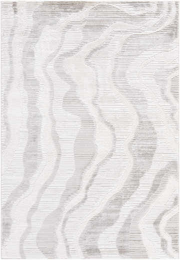 Close-up of Aniela Area Rug with a contemporary wave pattern in cream, ivory, light and medium gray, and white. Design-Rectangle-537