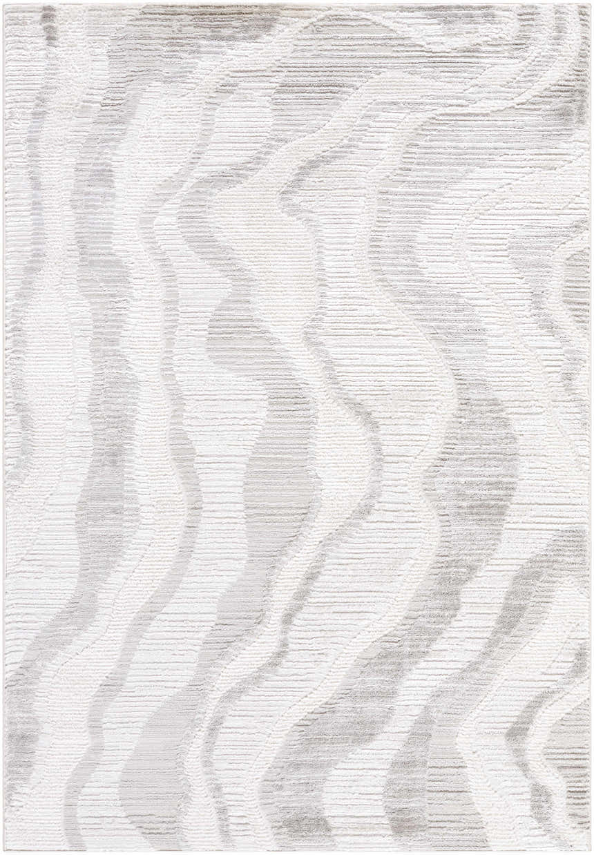 Close-up of Aniela Area Rug with a contemporary wave pattern in cream, ivory, light and medium gray, and white. Design-Rectangle-537