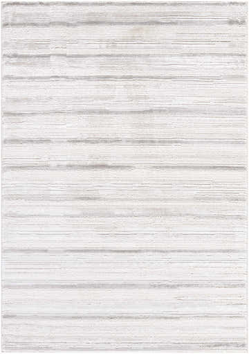 Close-up of the Cardea Area Rug. Contemporary style with cream, ivory, light gray, and white horizontal stripes. Design-Rectangle-537