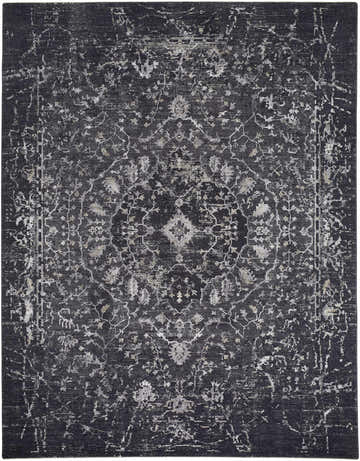 Close-up of the Corina Black Area Rug, featuring a traditional floral pattern in black, charcoal, gray, and ivory. Design-Rectangle-710102