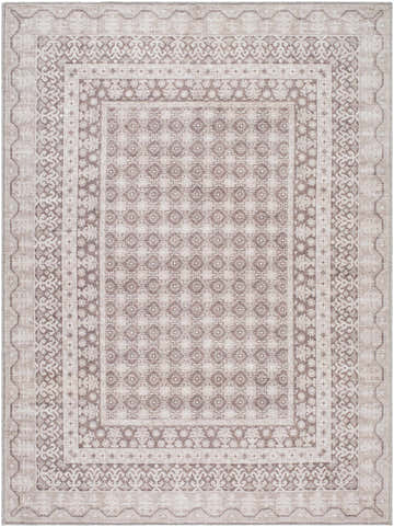 Close-up of the Rainier Light Brown Washable Rug. Farmhouse style rug with cream and light brown traditional patterns. Design-Rectangle-5373