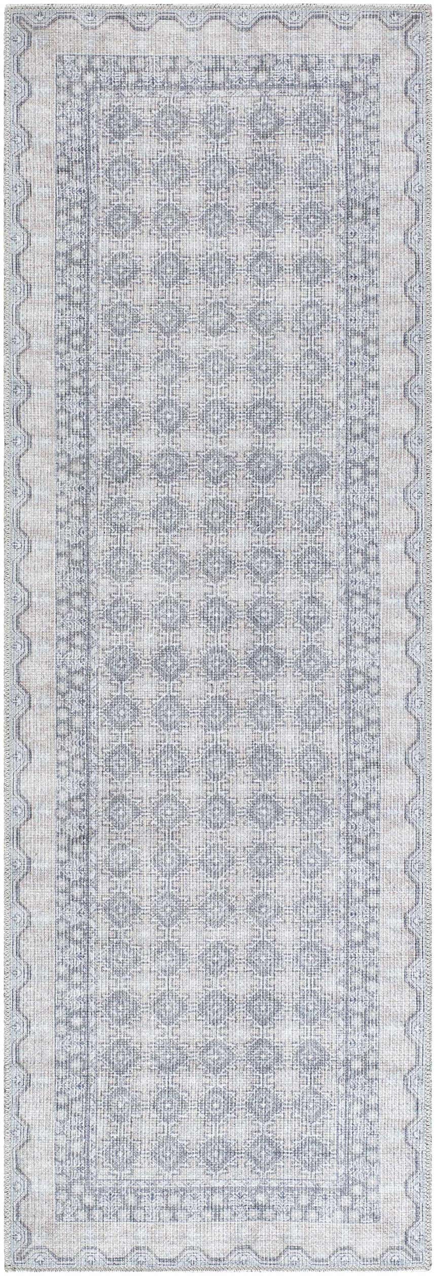 Close-up of the Rainier Gray Washable Rug. Farmhouse style runner rug with off-white, pale blue, and sage geometric pattern. Design-Runner-27710