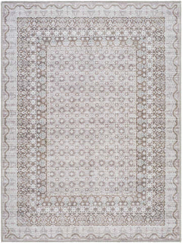 Close-up of the Rainier Brown Washable Rug with a traditional, geometric pattern in brown, gray, and sage hues. Design-Rectangle-5373
