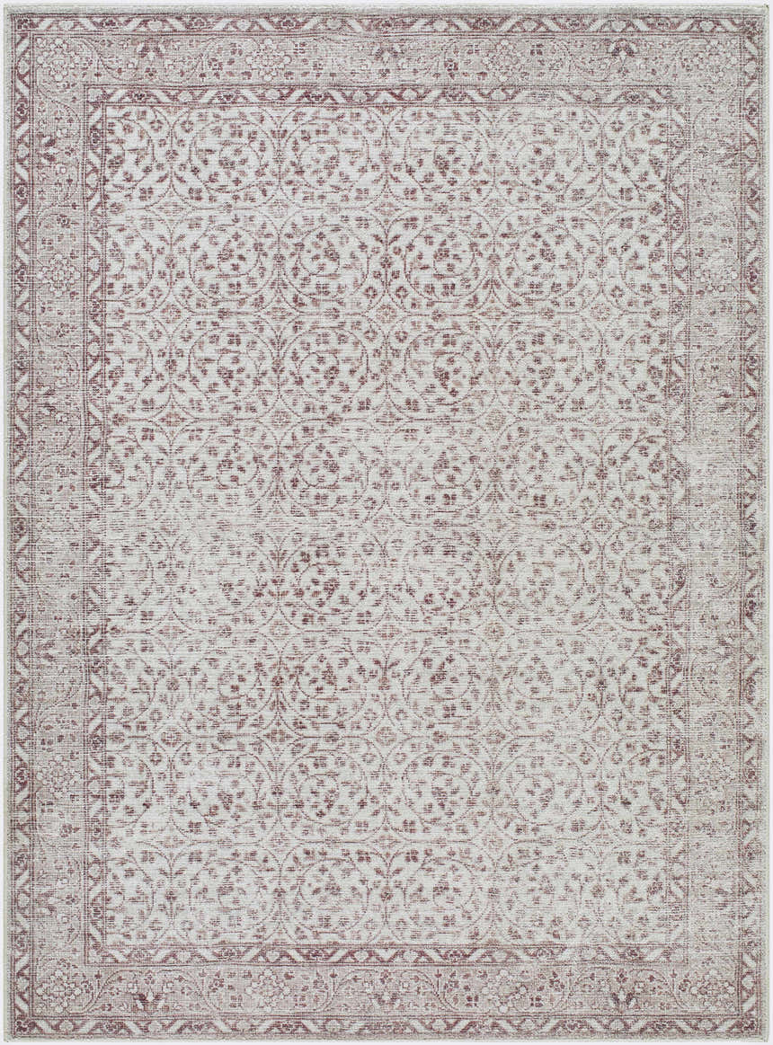 Close-up of Spokane Brown Area Rug. Farmhouse style rug with burnt orange floral pattern and traditional border on cream. Design-Rectangle-527