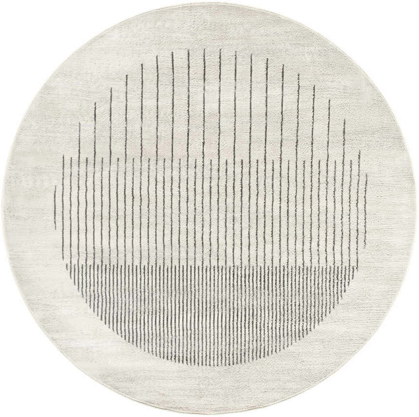 Round Chet Area Rug in cloud gray with a dark gray geometric line pattern. Contemporary style. Design-Round-67