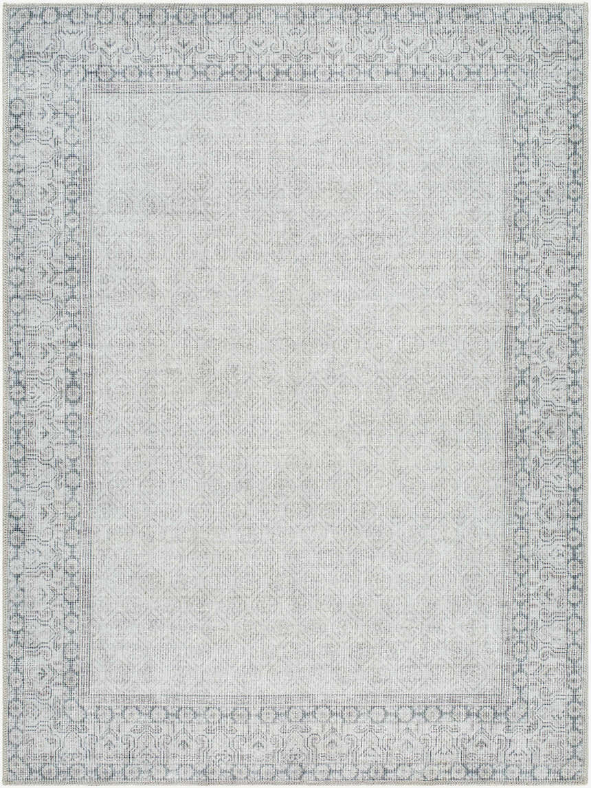 Close-up of Rainier Cottage Border Gray Washable Rug. Farmhouse style with blue and gray border, geometric pattern. Design-Rectangle-5373