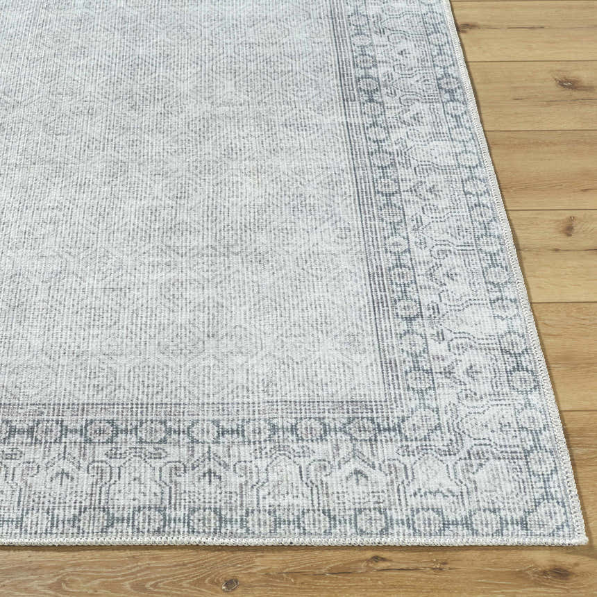 Close-up of Rainier Cottage Border Gray Washable Rug showing farmhouse style, gray and pale blue tones, and traditional border. Front