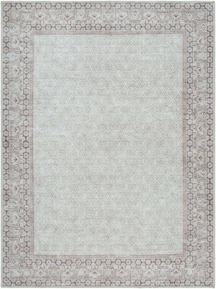 Rainier Cottage Border Beige Washable Rug, a close-up showing the farmhouse style, traditional border, and neutral colors. Design-Rectangle-5373